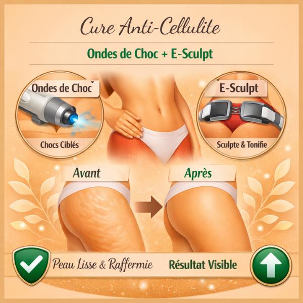 Cure anti-cellulite ondes de choc + E-Sculpt Résultat visible Cure anti-cellulite ondes de choc + E-Sculpt | Résultat visible